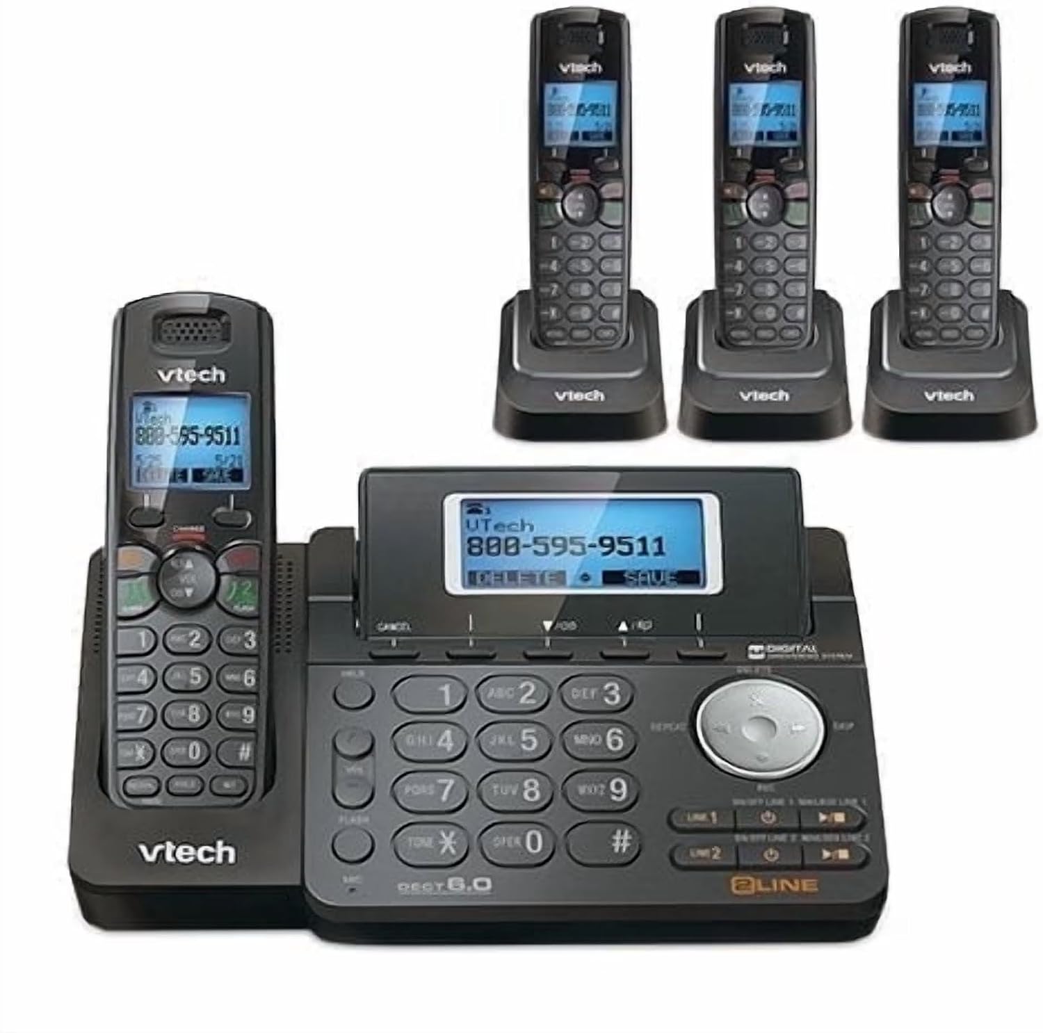 VTech DS6151-11 DECT 6.0 2-Line Expandable Cordless Phone + (3) DS6101-11 Accessory Handset, Black