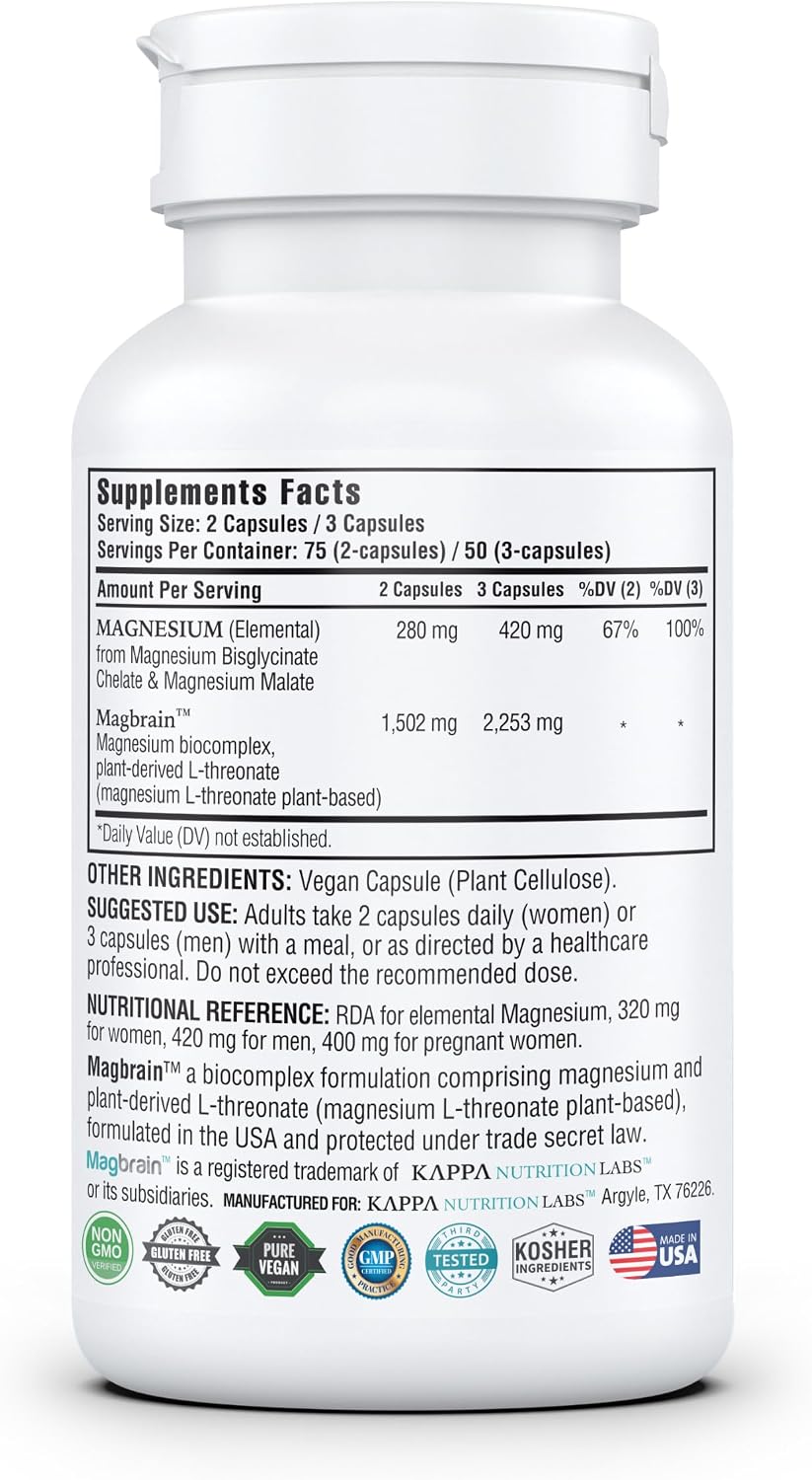 Kappa Nutrition Powered by Magbrain™ Magnesium L-Threonate Plant-Based, 420mg Elemental Magnesium (3 Capsules) from 2, 253mg, 120 Vegan Capsules
