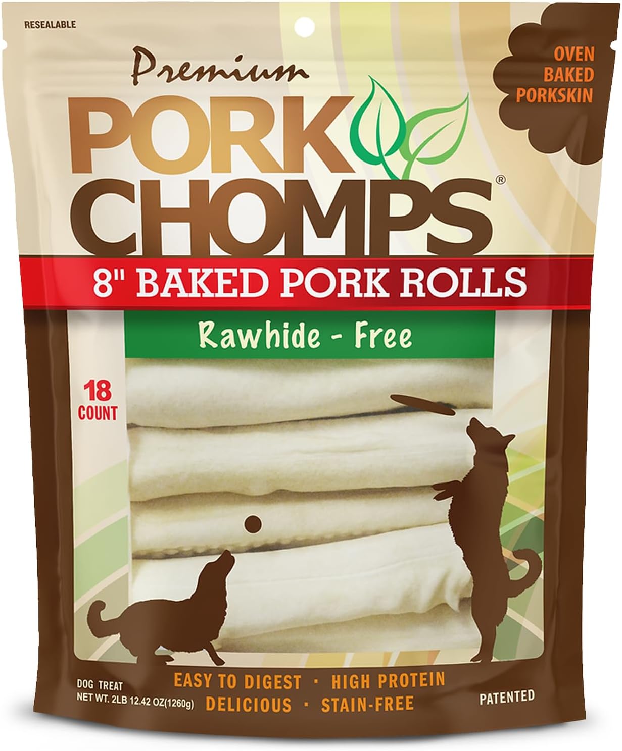 Pork Chomps Rawhide Free Pork Skin Dog Chews, Chicken Wrap, 8in Rolls, 2ct