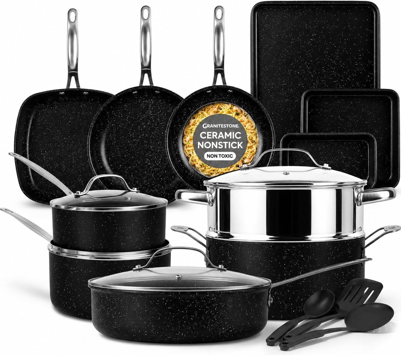GRANITESTONE 20 Pc Complete Pots and Pans Set Non Stick Cookware Set with Saute Pan, Bakeware, Steamer, Cooking Utensils, Made Without PFOA PFOS