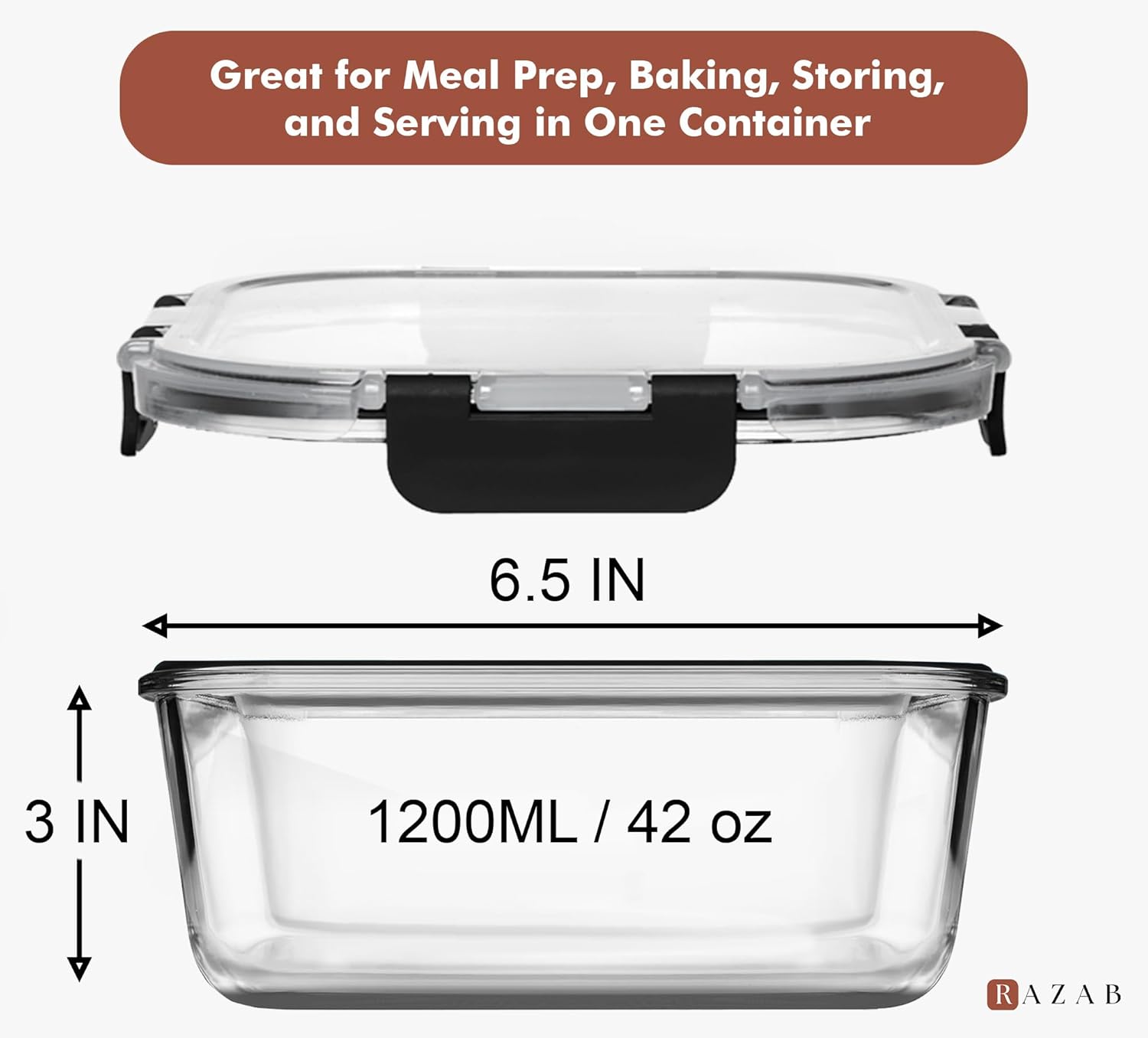 Razab 2 PC 1200ML / 41 Oz Glass Food Storage Containers with Lids - Airtight & Leakproof - Microwave/Oven/Freezer Safe - BPA Free - Ideal for Meal