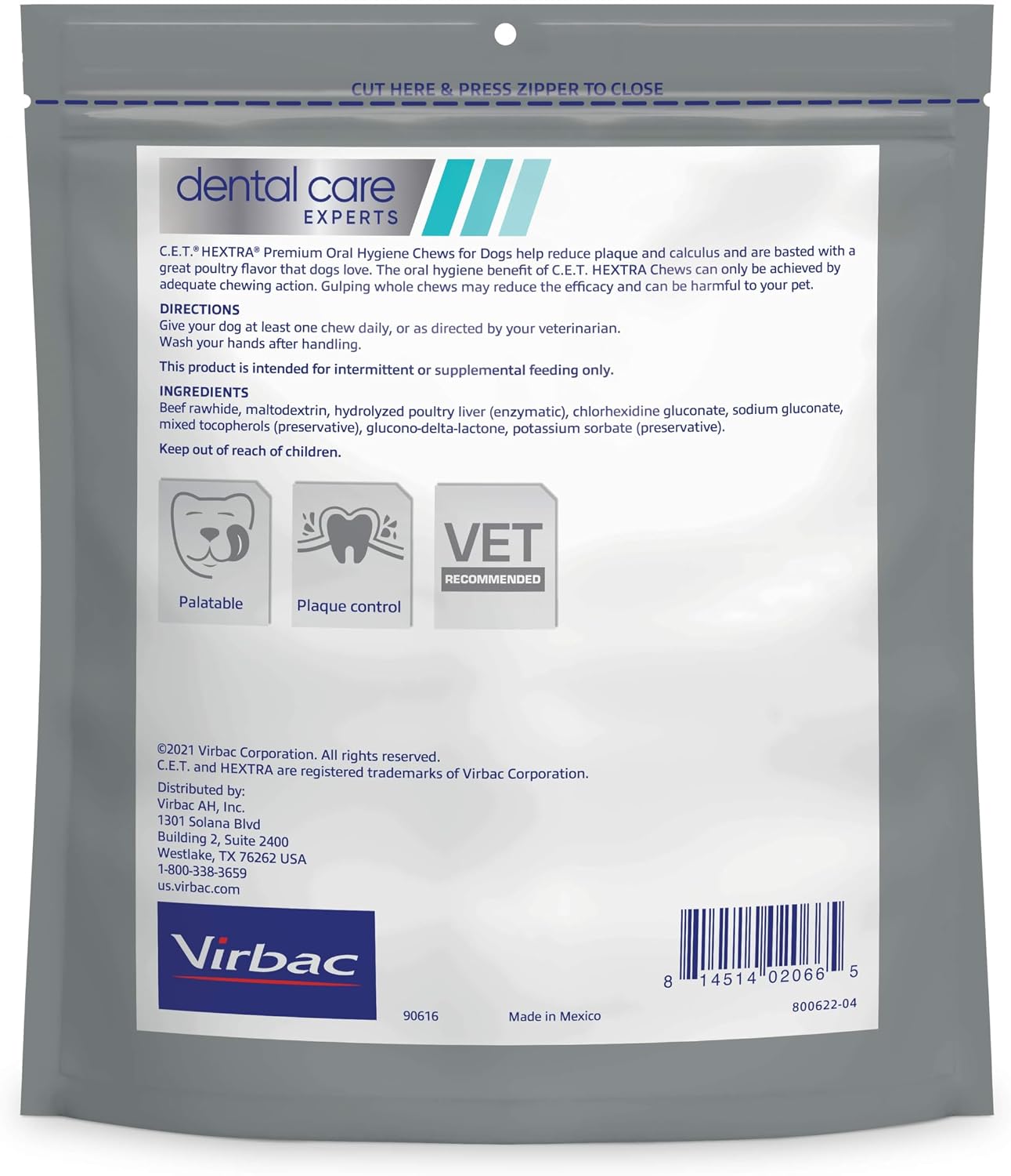 Virbac C.E.T. Hextra Premium Oral Hygiene Chews for Dogs, Medium | Rawhide dog dental chews, long lasting dog chews