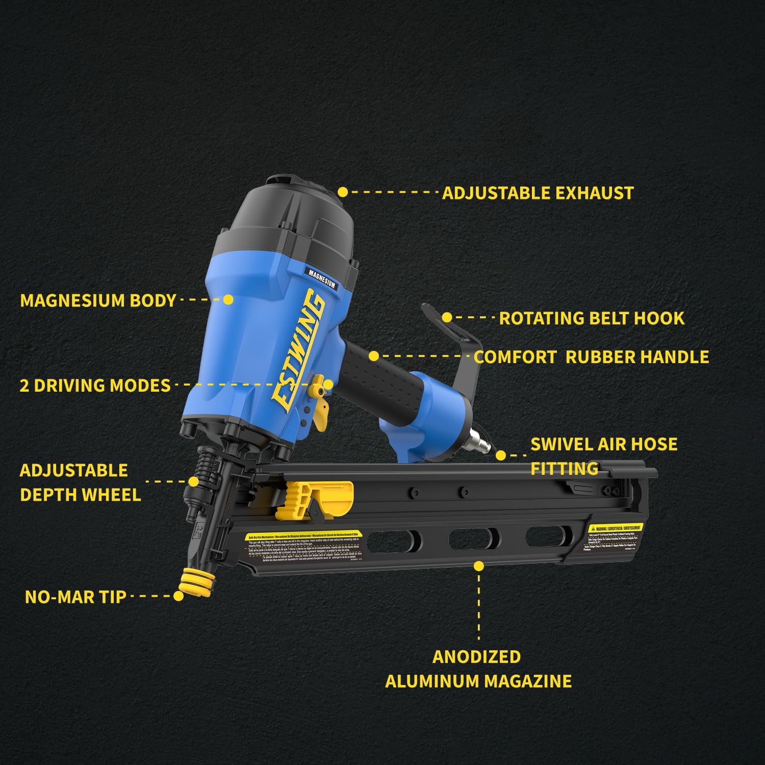 Estwing Pneumatic 21 Degree Framing Nailer, 2”–3-1/2” Framing Nails, Lightweight Magnesium Nail Gun with Depth Adjustment
