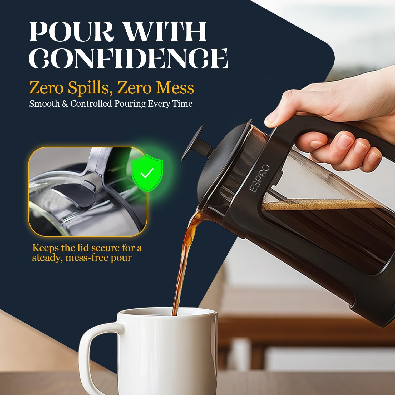 ESPRO P3 French Press Coffee Maker, 32oz, Black, Double Micro Filter Press | Grit-Free Coffee Press, Thicker Borosilicate Heat Resistant Glass french press, Tea Press, Easy Coffee Brewer, Tea Brewer