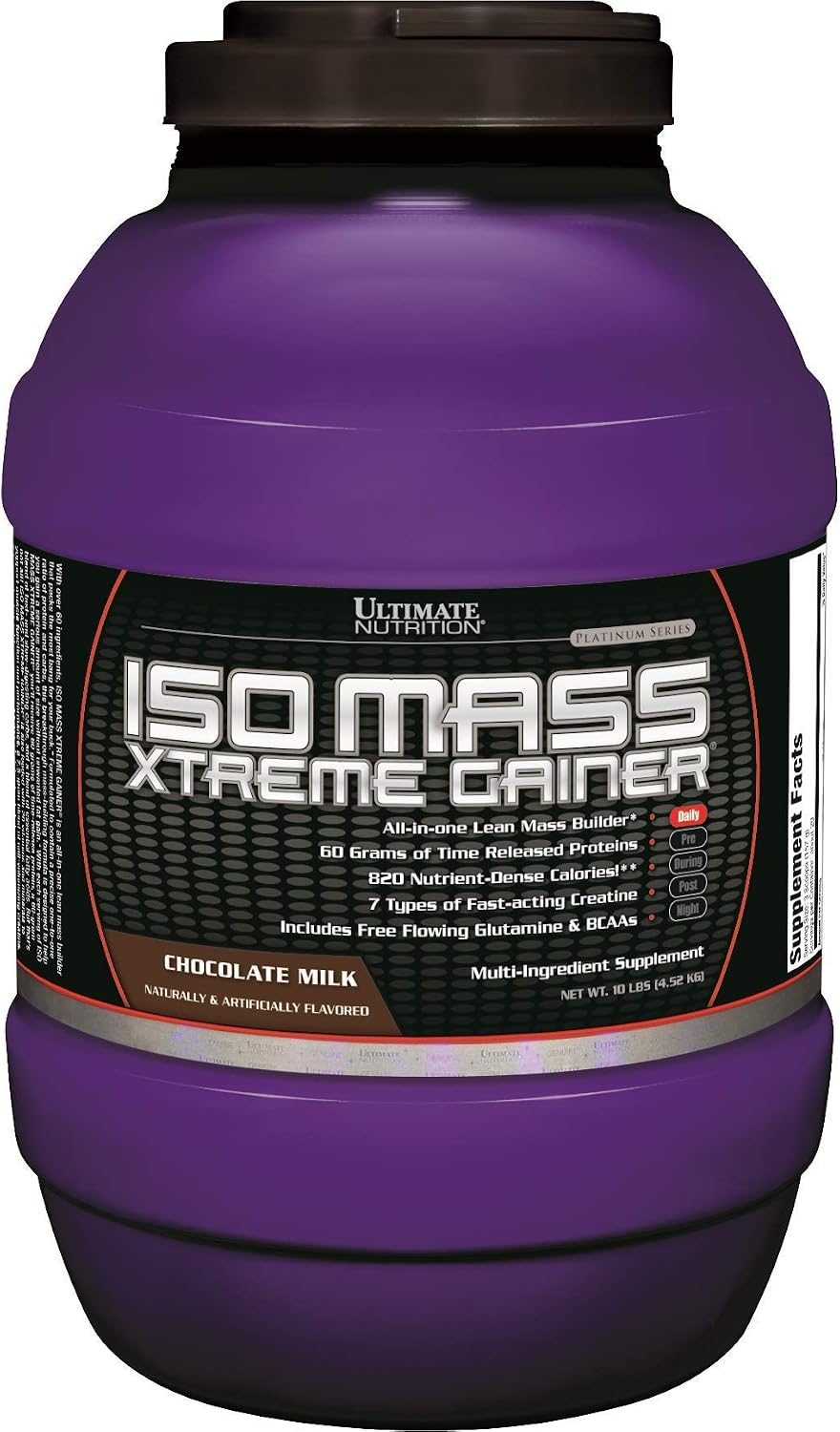 Ultimate Nutrition ISO Mass Xtreme Gainer, Chocolate Milk, 10 lb | 60g Whey Protein Blend, 60g Complex Carbs, 7 Types Of Creatine, 4 Types Glutamine, Lean Mass Gainer For Recovery
