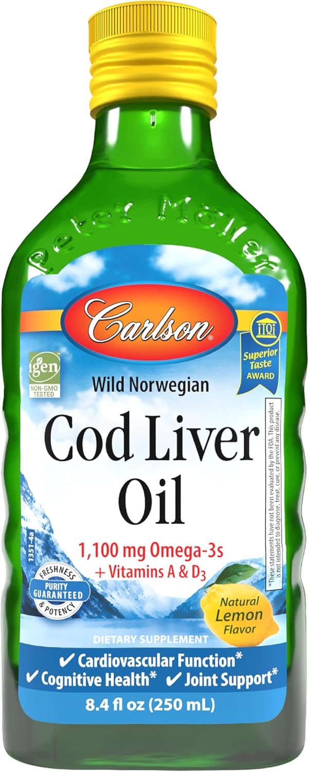 Carlson Cod Liver Oil, 1100 mg, Omega-3s, Lemon, 500 mL (16.9 Fl Oz) | plus Vitamins A and D3; Wild Caught Norwegian Arctic Cod Liver Oil; Sustainably Sourced Nordic Fish Oil Liquid