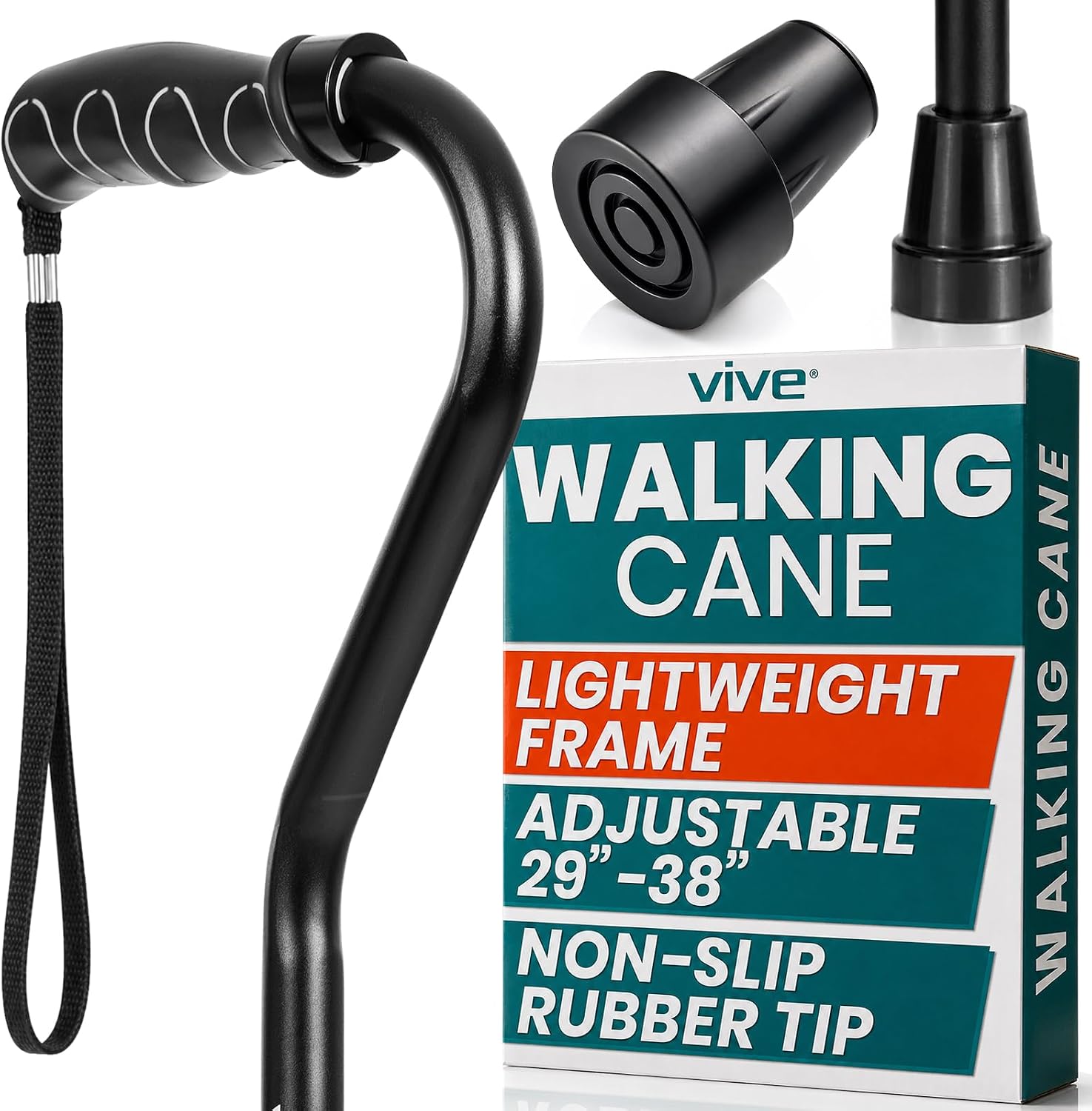 Vive Walking Cane for Women, Men, Elderly - Patented Offset Grip - Lightweight Adjustable Walking Aid with a Non-Slip Tip - Sturdy Balancing Mobility Aid for Seniors