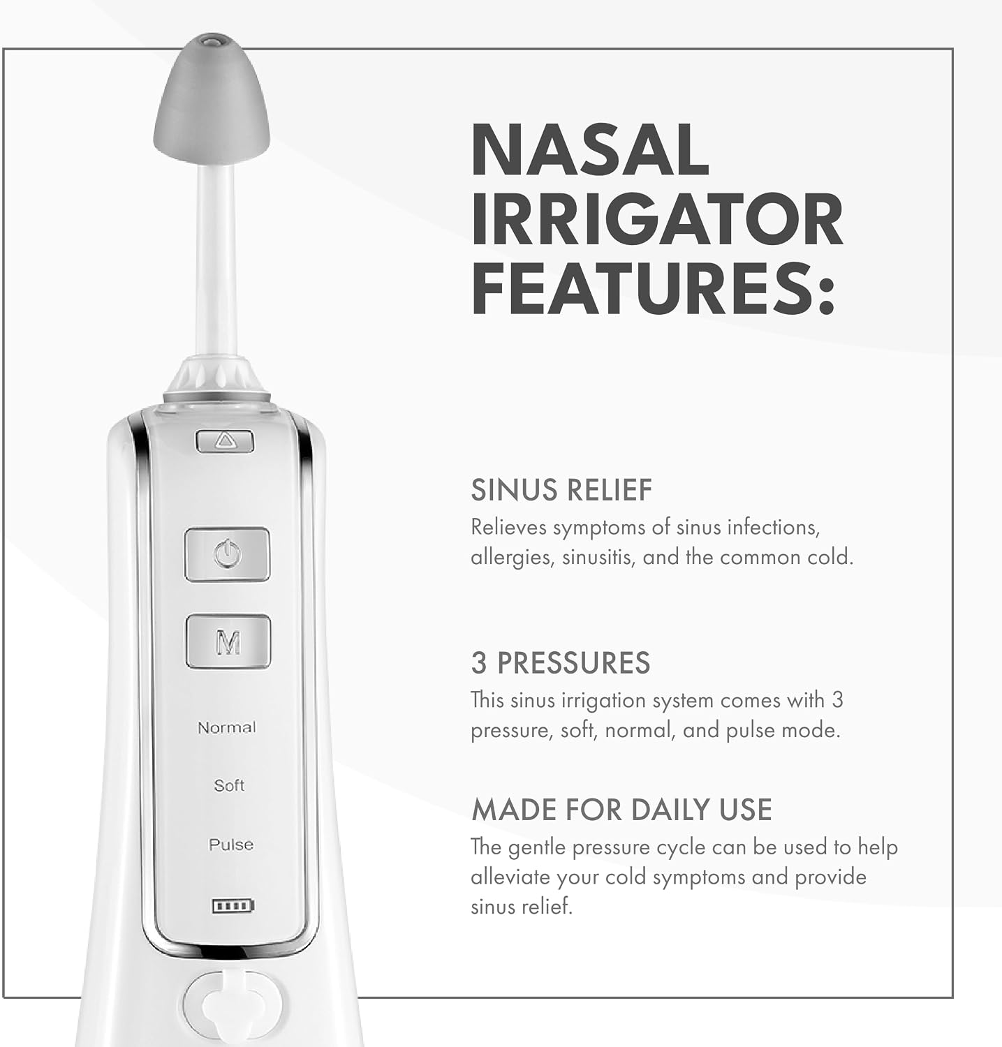 Nasal Irrigator with Bonus 30 Saline Packets - Irrigation for Sinus Relief - Nose Cleaner Aspirator System - Waterproof - 3 Pressures: Normal, Soft