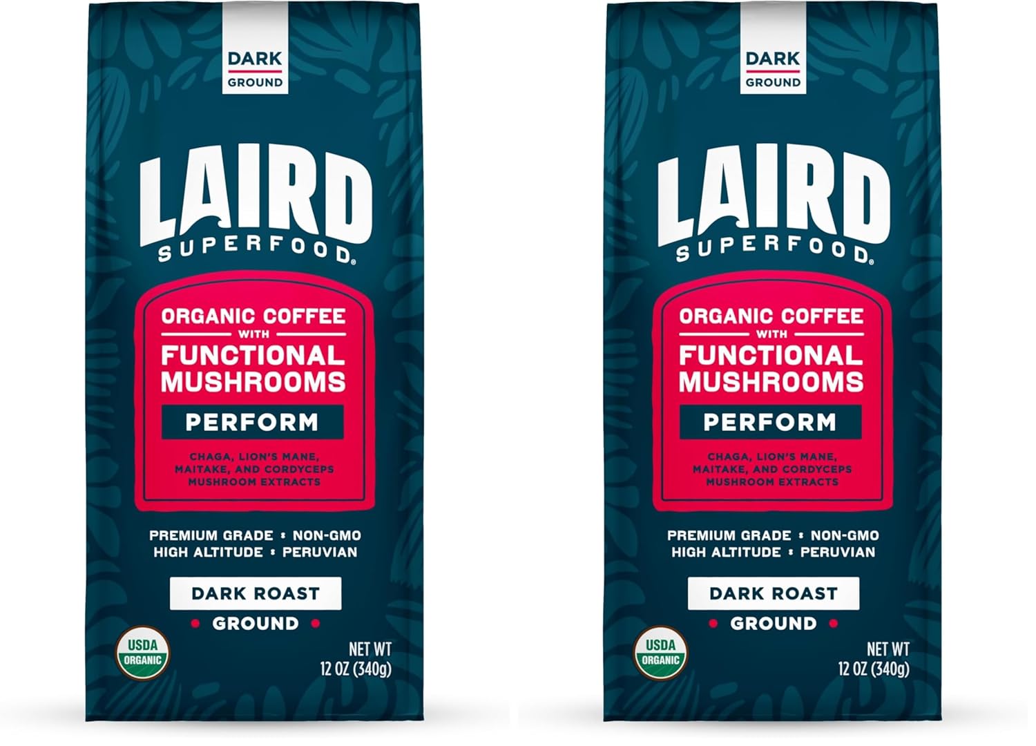 Laird Superfood Peruvian Dark Roast Coffee with Functional Mushrooms, Certified Organic Peruvian Ground Coffee Beans, Gluten-Free, Dairy-Free, Non-GMO