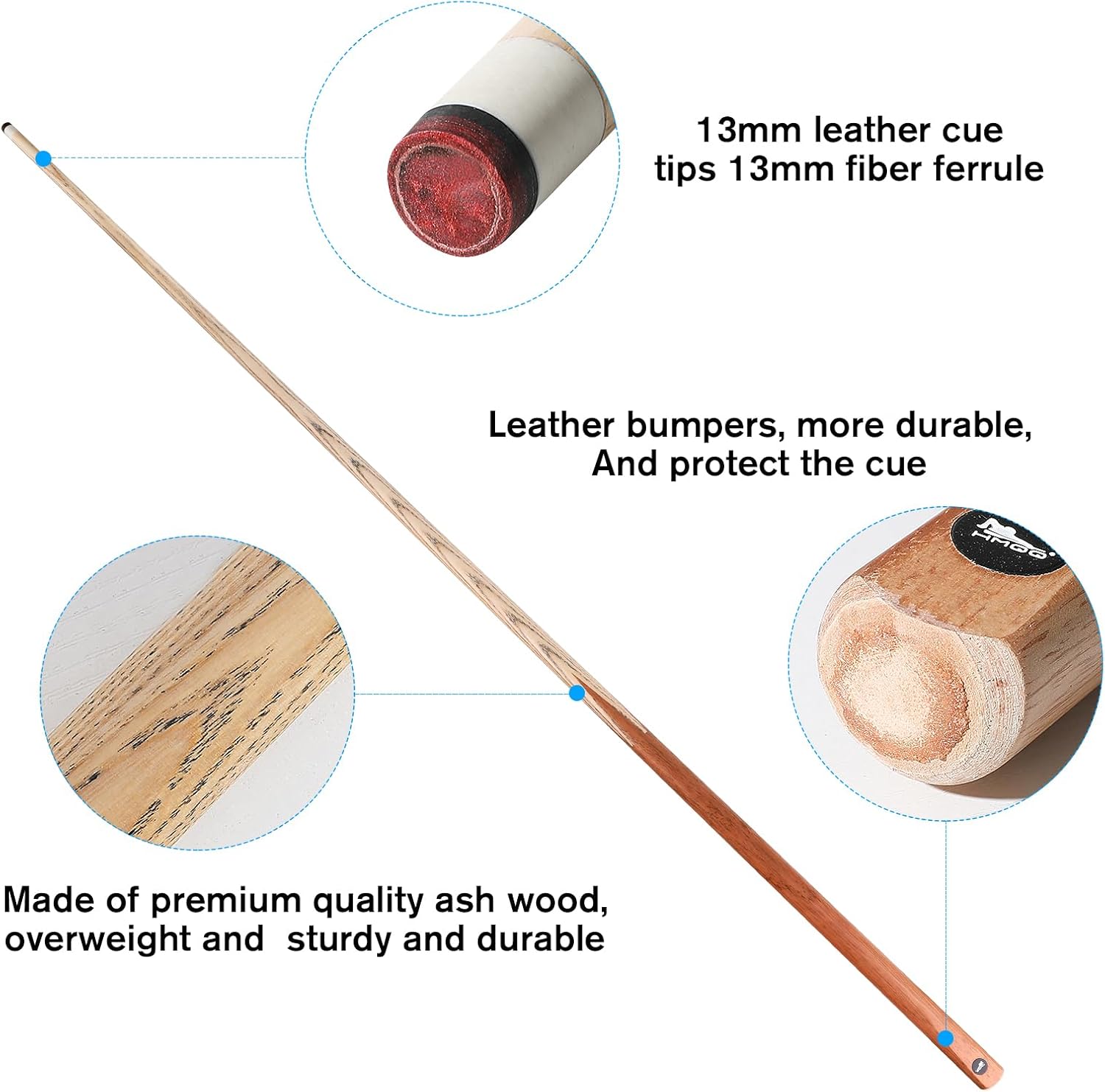 HMQQ 58 Inch One-Piece Pool Cue Sticks, 20 oz, 13mm Tip, 4/6/8 Pack | Black and natural wood-color cues with 13mm leather tips for home tables, bars
