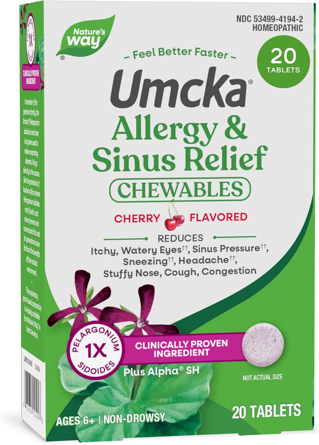 Nature's Way Umcka Allergy & Sinus Relief Chewables, Cherry, 20 ct | Non-Drowsy, Homeopathic, Allergy Relief for Sinus Pressure, Congestion