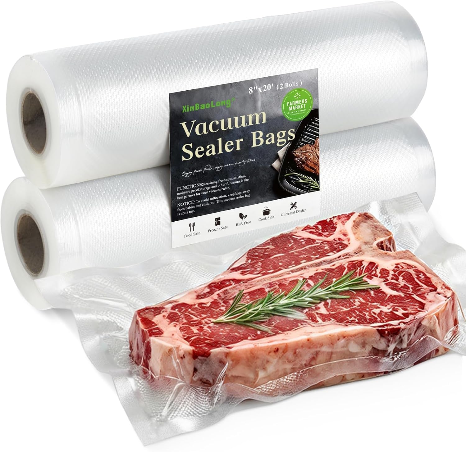Kitchen Essentials, Vacuum Sealer Bags Rolls, 8in x 20ft, 2 Pack