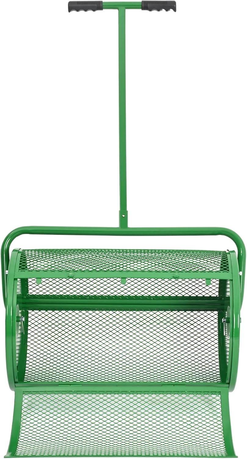 KUAFU 24" Compost Spreader Peat Moss Spreader T-Shaped Handle for Planting | Lawn and Garden Care Manual Spreaders Roller Green Powder Coated Mesh