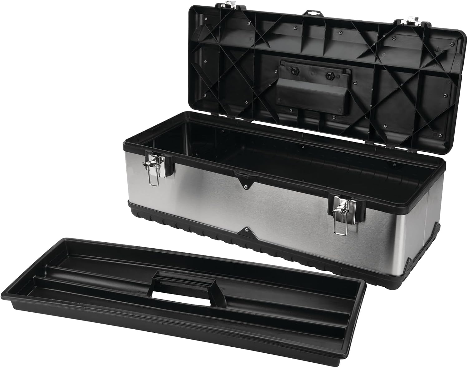 Performance Tool W54026 26 in. Steel Tool Box with Removable Tote | Heavy duty steel storage box and organizer. Recessed ergonomic comfort handle. Strong double latch with padlock eyehole