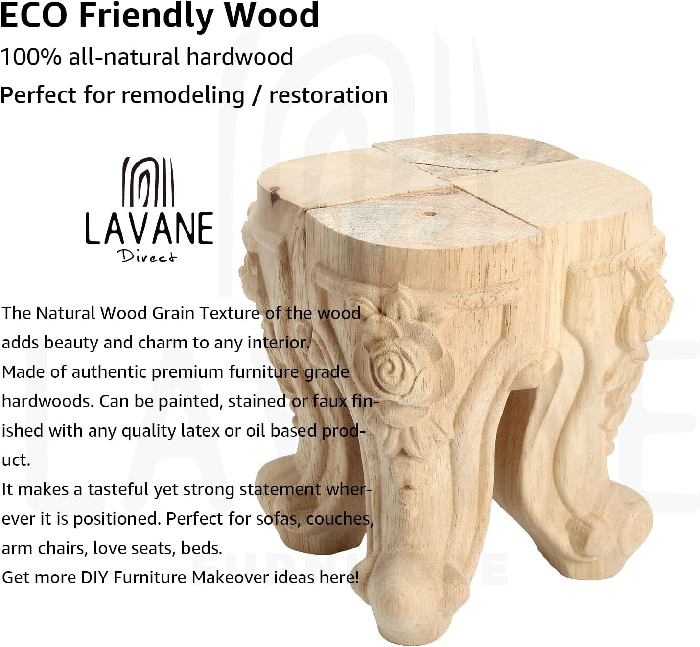 La Vane 6 inch / 15cm Wooden Furniture Legs, Set of 4 European Style Solid Wood Carving Furniture Replacement Feet Decoration for Sofa Cabinet Wardrobe Table Loveseat