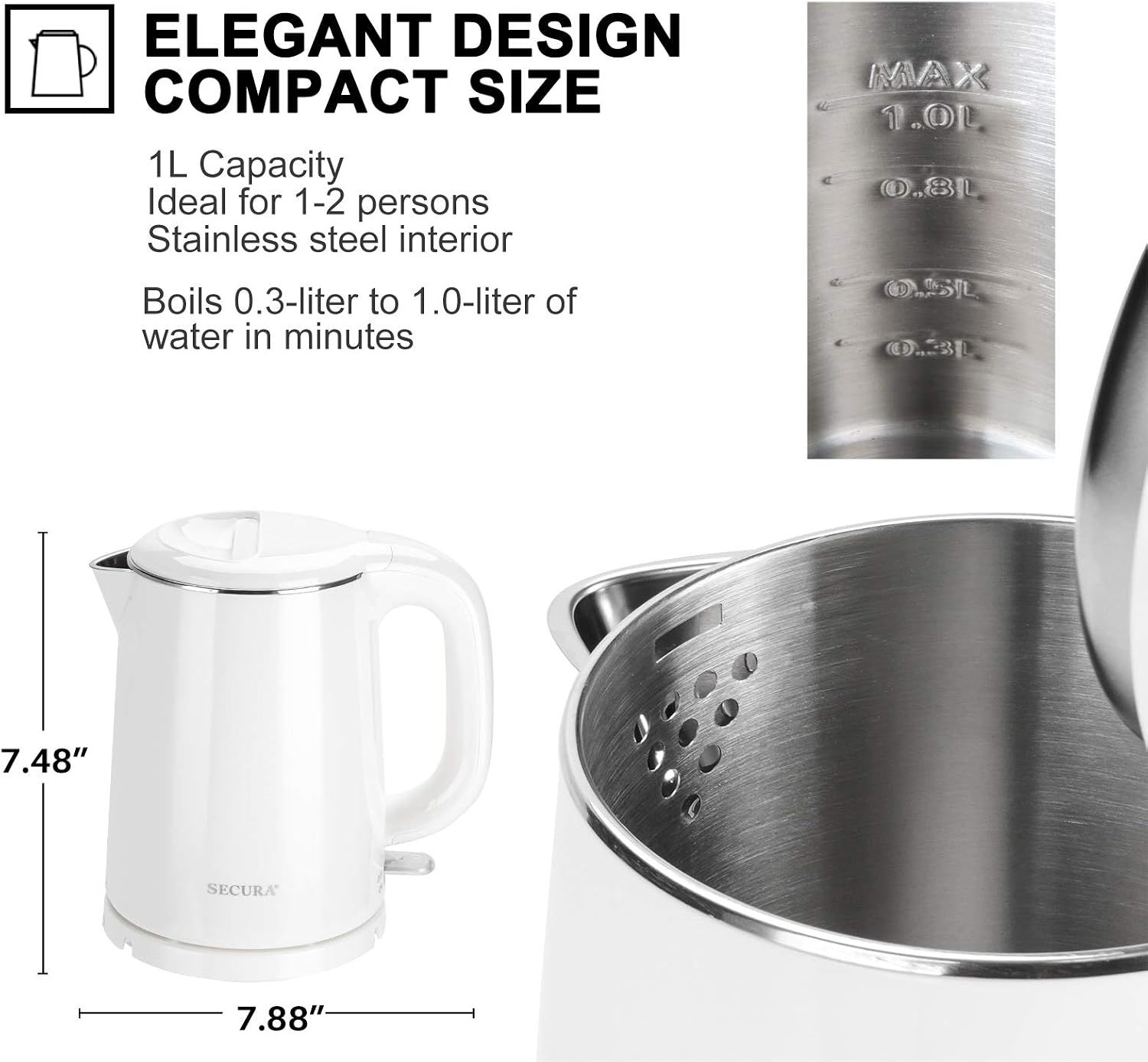 Secura Stainless Steel Double Wall Electric Kettle Water Heater for Tea Coffee w/Auto Shut-Off and Boil-Dry Protection, 1.0L (Orange) SWK-1001DO/HB-K012