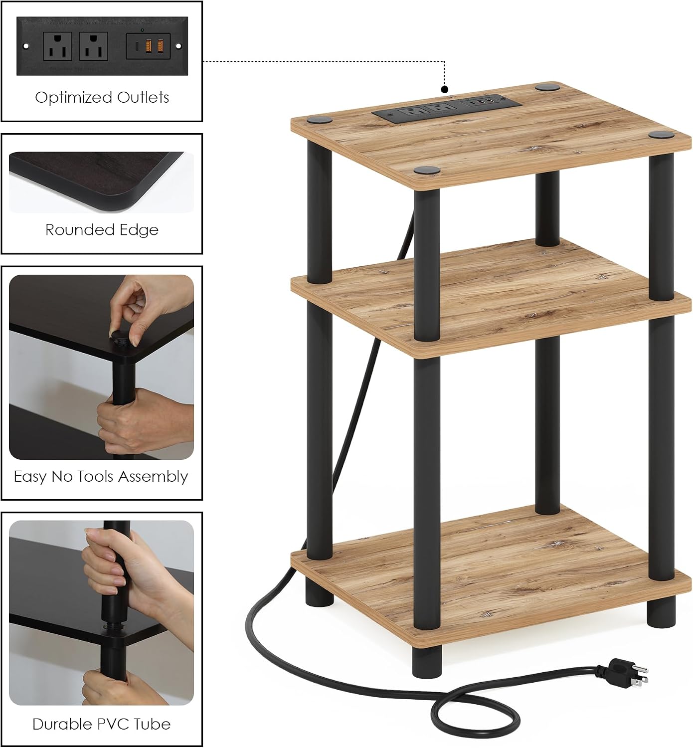 Furinno Turn-N-Tube End Table Corner Shelves, Set of 2, Dark Cherry/Black | Stackable Modern End Table with Open Shelf, Night Stand, Bedside Table, for Living Room, Bedroom