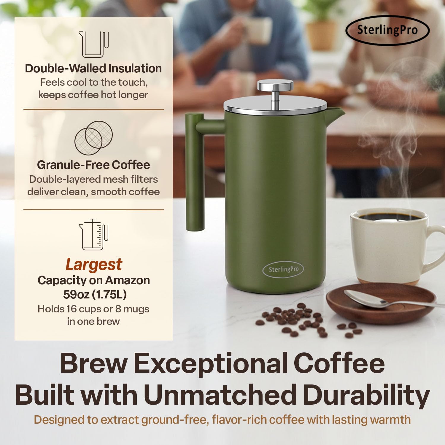 SterlingPro Large Insulated Stainless Steel French Press Coffee Maker 51oz Capacity (44 oz Brew Yield) – Double Wall Metal Coffee Press | Plastic Free | Cool-Touch | Mirror Finish | 12 Cups / 6 Mugs