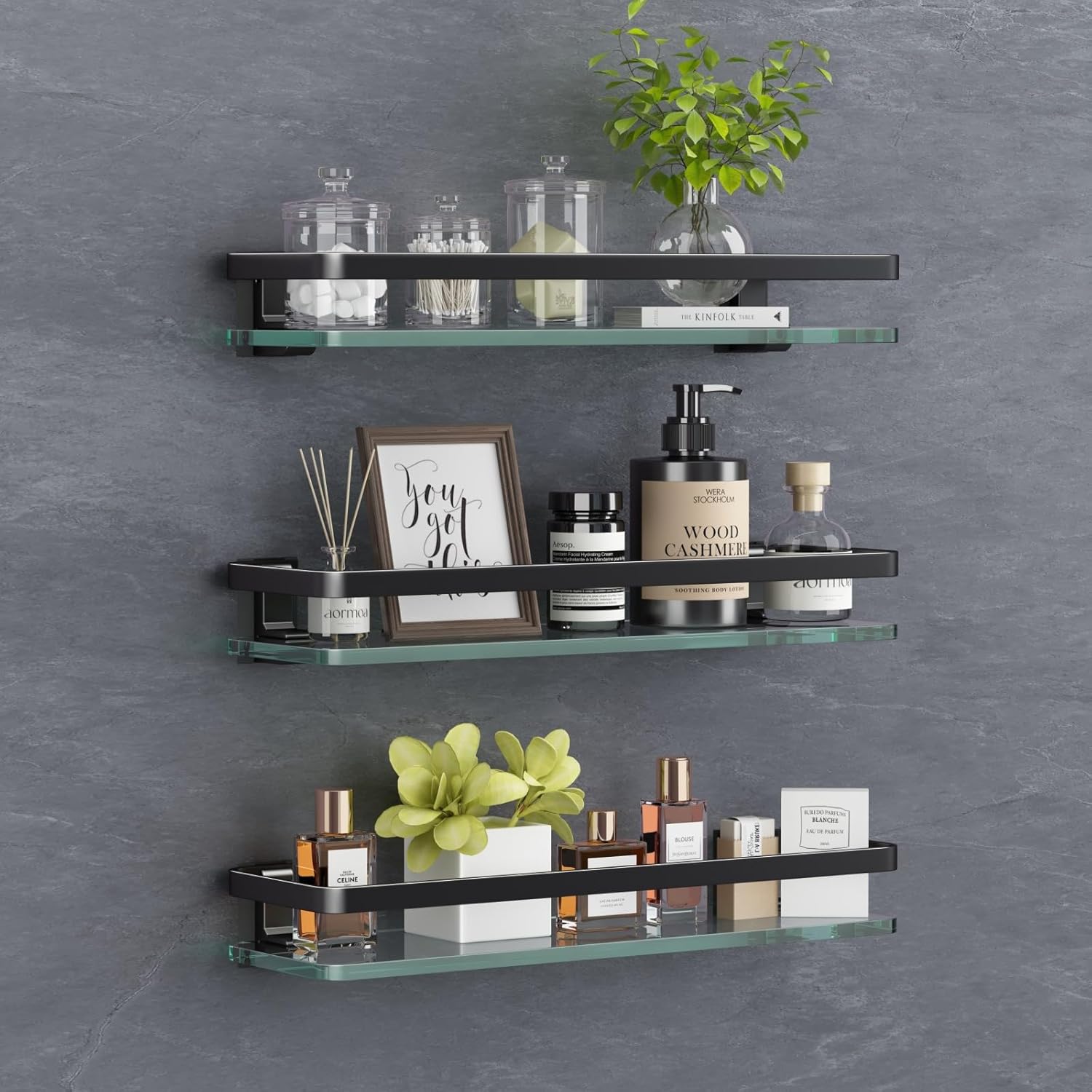 VOLPONE Bathroom Wall Shelf 15.7in Bathroom Glass Shelves Wall Mount Glass Shelf Rustproof Bathroom Wall Organizer 3 Tier (Sliver)