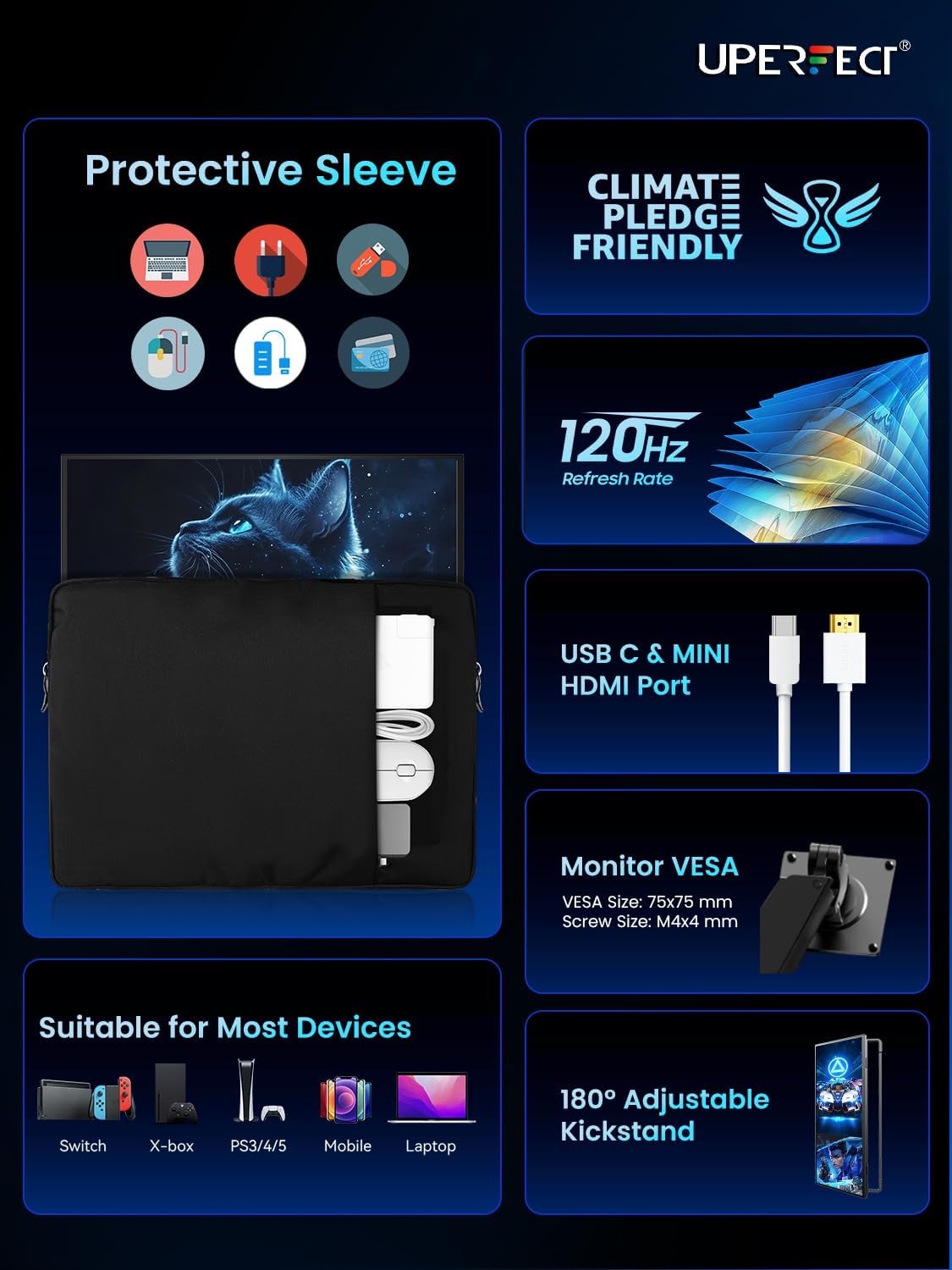 UPERFECT 18.5" 120Hz Portable Monitor, 125% sRGB Large Gaming Monitor