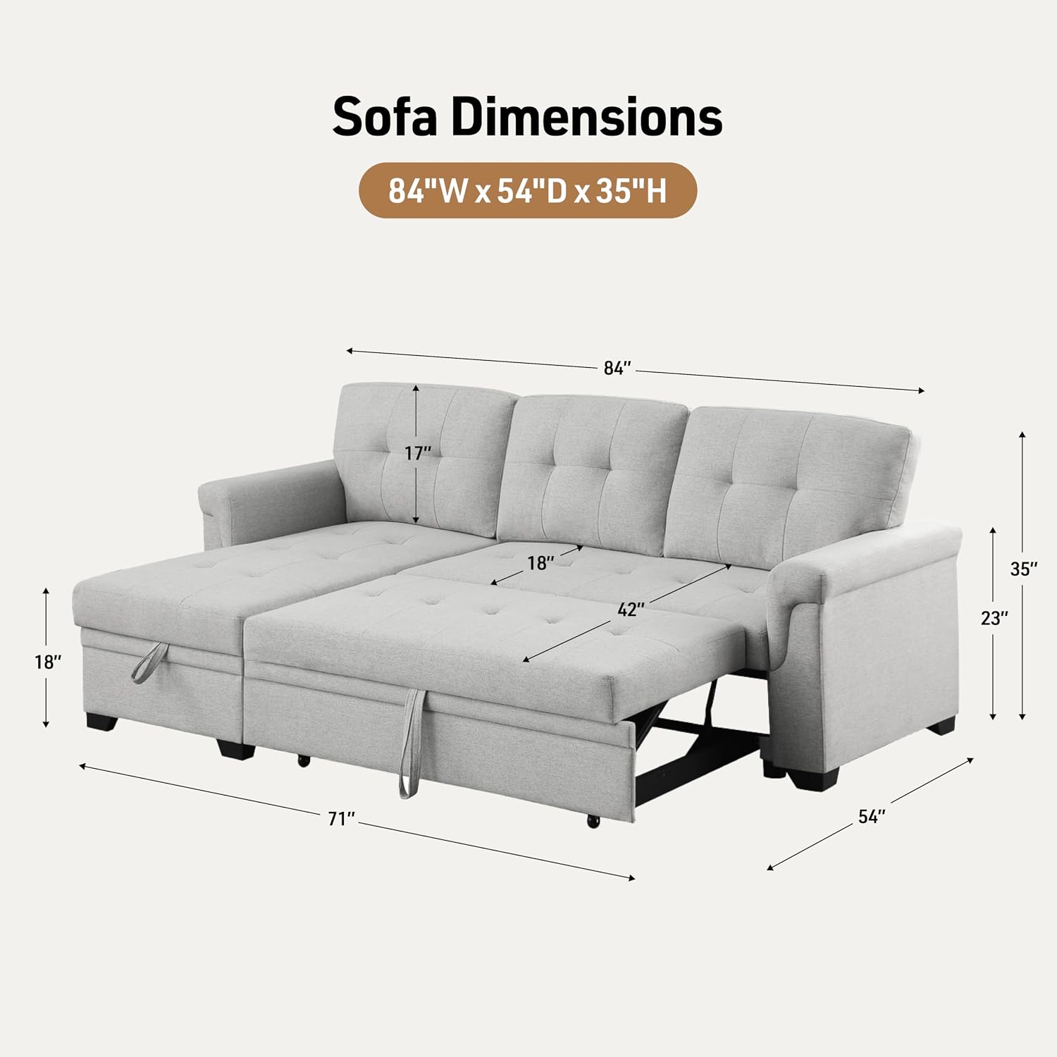 Lilola Home Convertible Sectional Sleeper Sofa Bed 84 Inch, L Shaped Couch with Pull Out Bed, Storage Chaise, Removable Back Cushions for Living Room, Office, Linen Fabric, Dark Gray