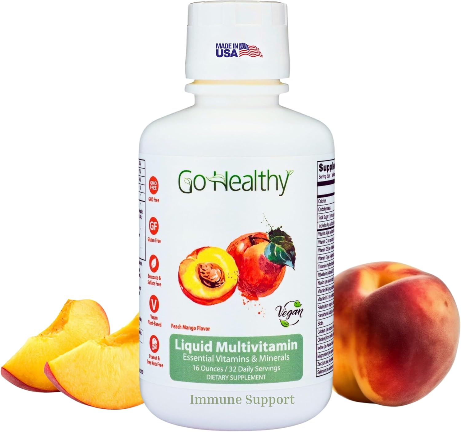 Go Healthy Liquid Multivitamin for Women, Men, Teens | Vegan Vitamin & Mineral Supplement | High Absorption | Premium Liquid Formula | Immune Support | Peach Mango Flavor | 32 Servings