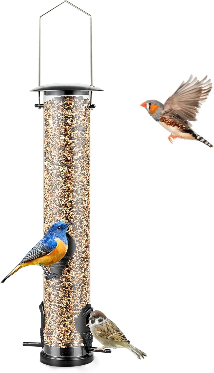 Backyard Expressions Tall Tube Bird Feeder - Durable Hanging Wild Bird Feeder for Wild Birds - 16" Tall, 4-Port Design