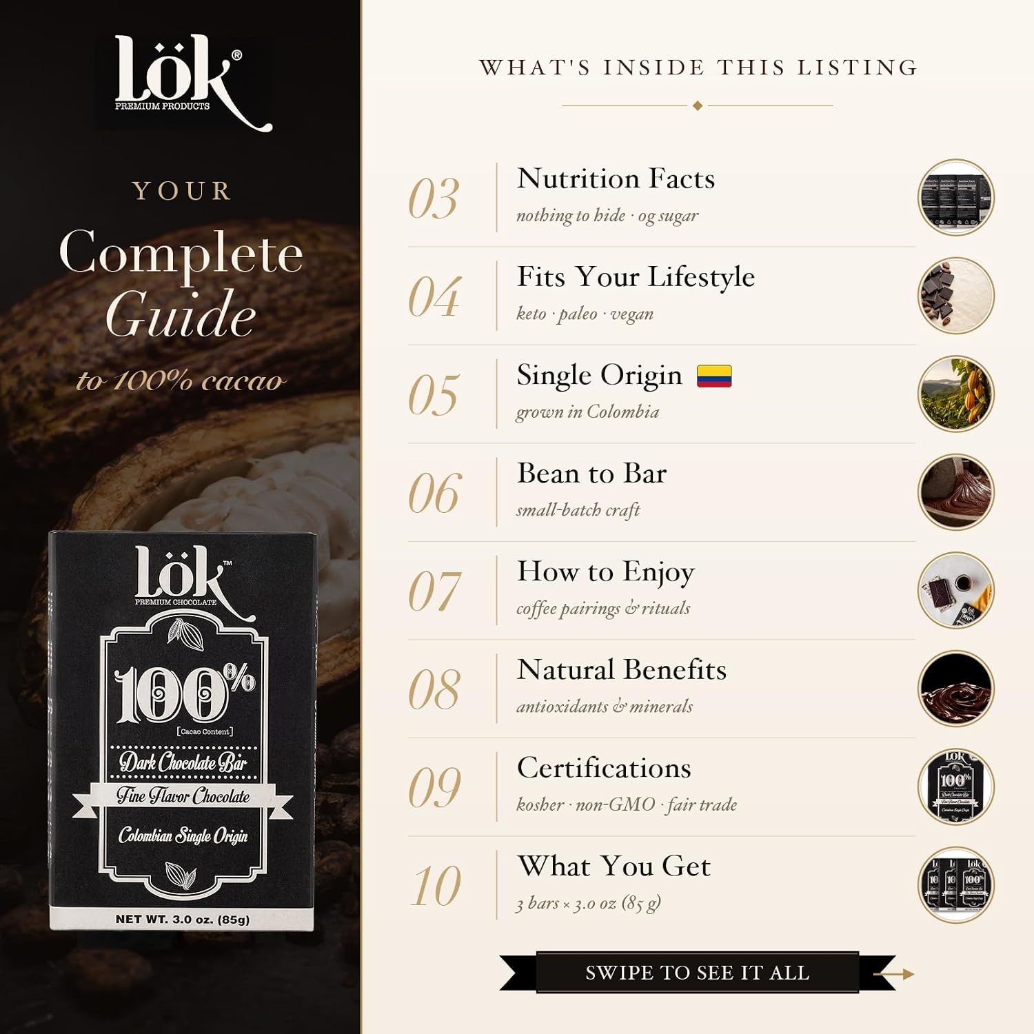Lök Foods Dark Chocolate Bar 100% Cacao | Fair Trade, Kosher, Gluten Free, Vegan, Bean-to-Bar, Sugar-Free, No Sugar Alcohol, No Artificial Sweetener