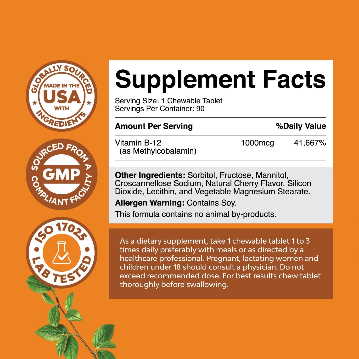 Chewable Vitamin B12 1000mcg for Energy & Mood Support- 90 Count