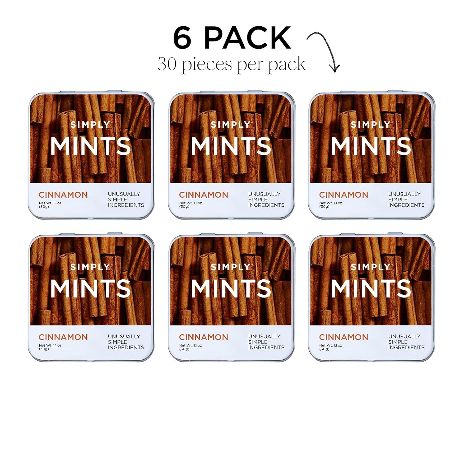 SIMPLY MINTS Natural Peppermint Breath Mints, 6 Pack (180 Pieces), Made With Real Peppermint Oil | Aspartame-Free, Sorbitol-Free, Xylitol-Free, Vegan, Kosher, Non-GMO