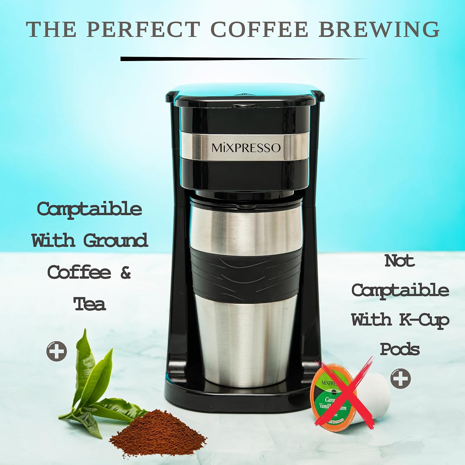 Mixpresso Single Serve & Single Cup Coffee Maker with 14oz Travel Mug Black | For ground coffee only, reusable filter, auto shut off. Compact personal drip coffee maker, not compatible with K-Cup pods.