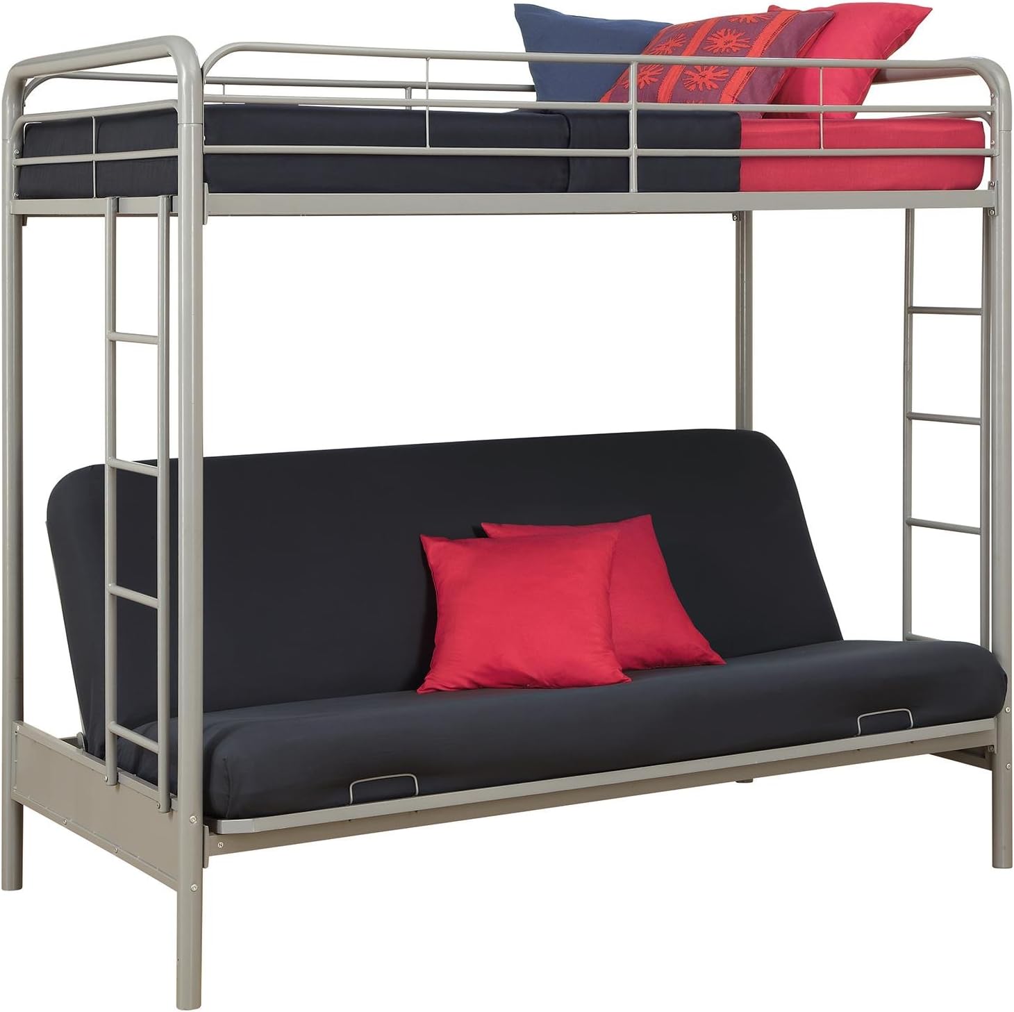 DHP Twin-Over-Futon Convertible Couch and Bed with Metal Frame, Ladder and Guardrails - Black