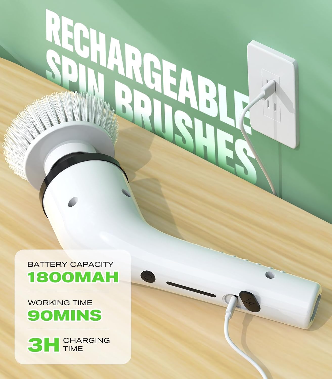 Electric Spin Scrubber, 3-Speed Flat End Brush with 8 Brush Heads & Base, IPX7 Waterproof, Adjustable Long Handle, Digital Display, 2500mAh Fast Charging, for Bathroom, Tub, Tile, Floor