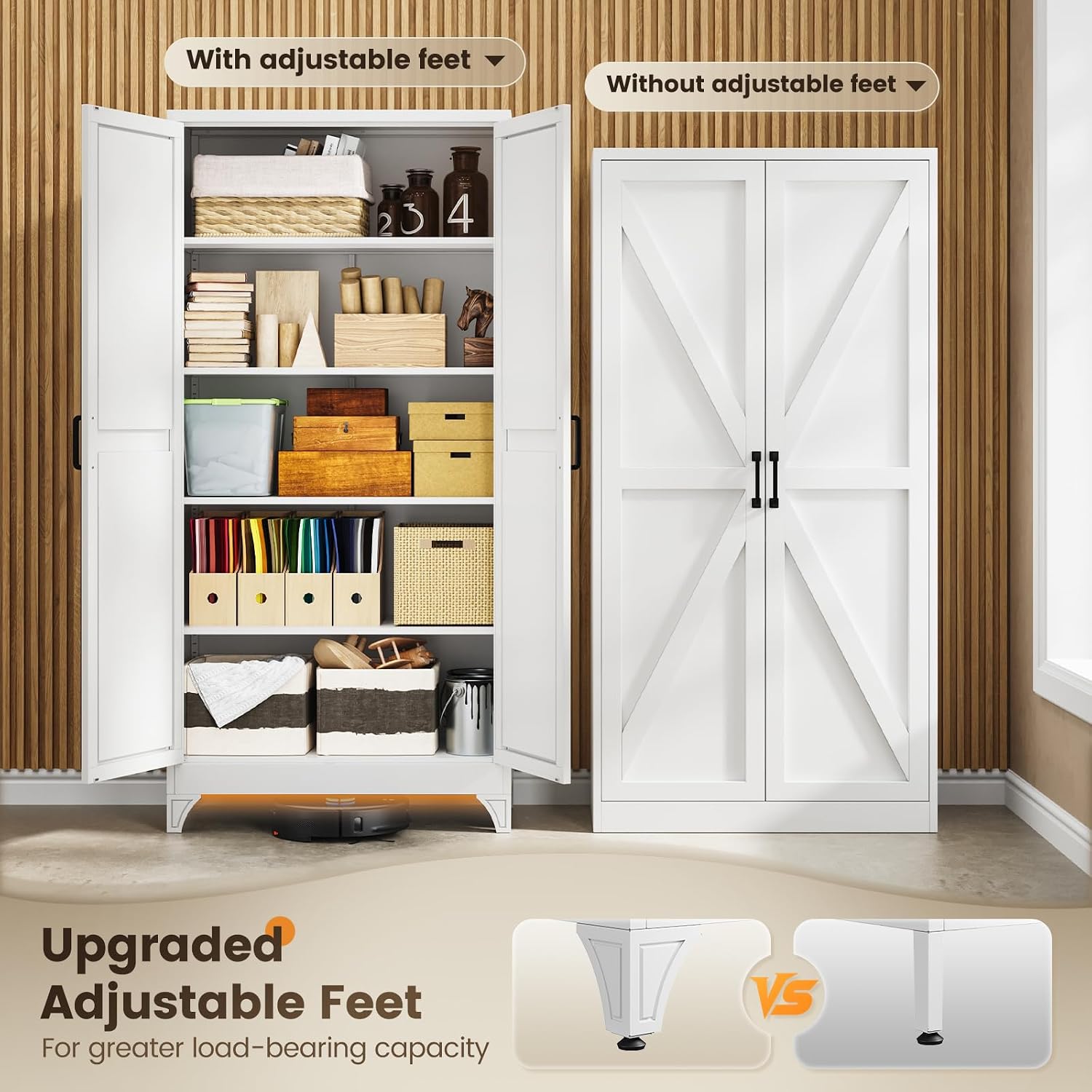 Metal Storage Cabinet with 2 Doors and 4 Adjustable Shelves - 61" White Kitchen Pantry Storage 5-Tier Tall Steel Cabinets Locker for Kitchen, Living Room, Dining Room