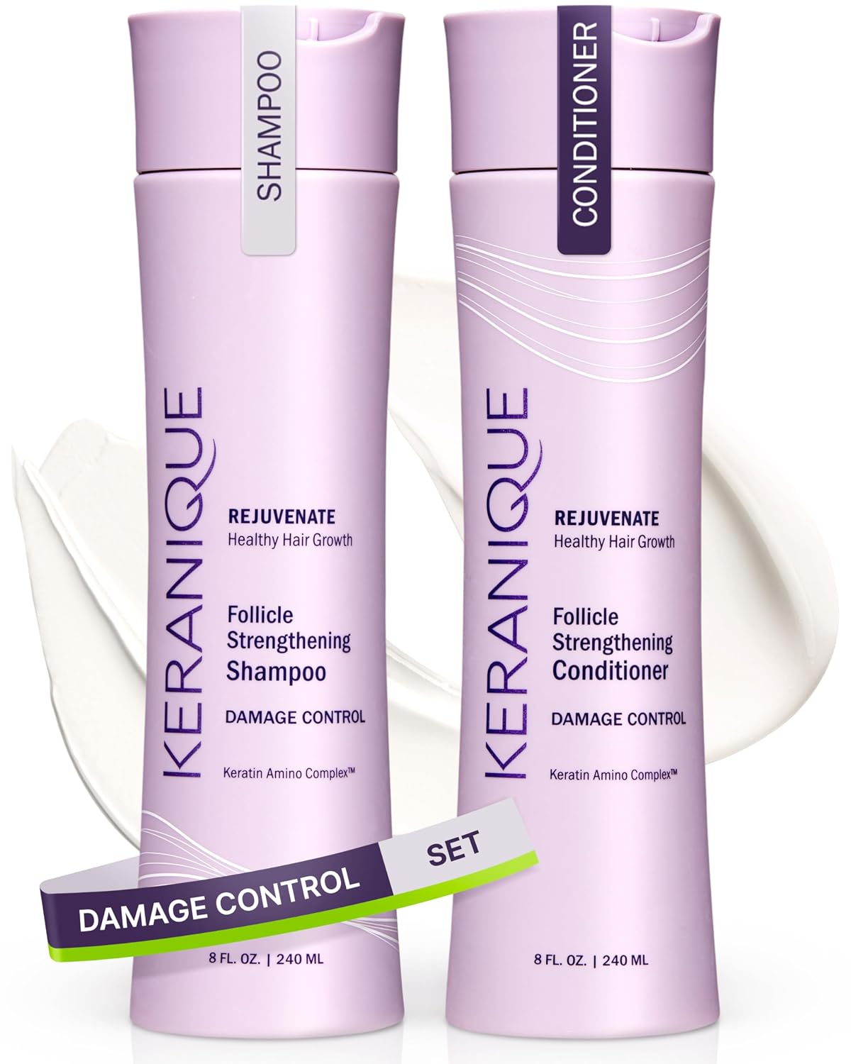 Keranique Volumizing Shampoo & Conditioner Set for Hair Repair, Growth & Thinning Hair Support – Keratin, Biotin, Menthol & Niacinamide, Lightweight Strengthening Formula - Keratin Amino Complex™