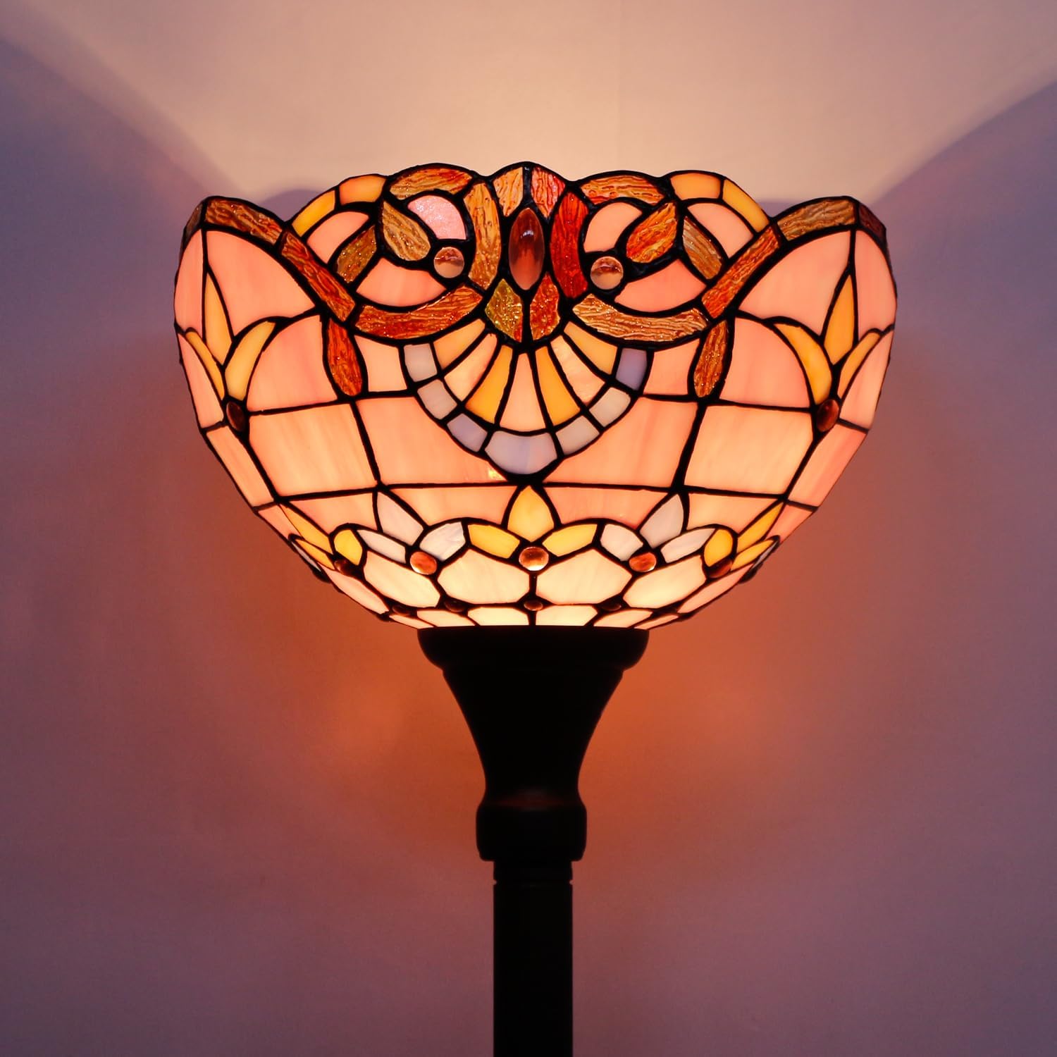 WERFACTORY Tiffany Floor Lamp Pink Baroque Stained Glass Torchiere Light | 12X12X71 Inches Pole Standing Corner Torch Uplight Decor Bedroom Living