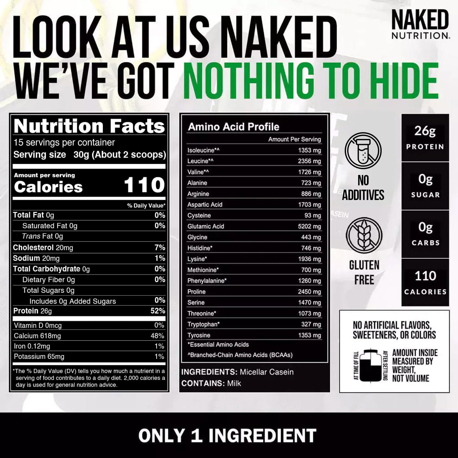 NAKED Casein - Vanilla Micellar Casein Protein - 5 Pound Bulk, NSF Certified, GMO-Free, Gluten-Free, Soy-Free, Preservative-Free - Stimulate Muscle Growth - Enhance Recovery - 61 Servings