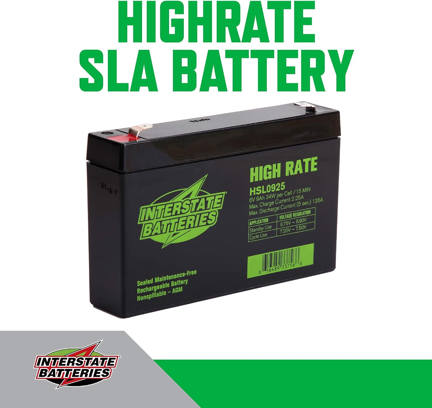 Interstate Batteries High Rate Battery 6V 9Ah SLA AGM VRLA HSL0925