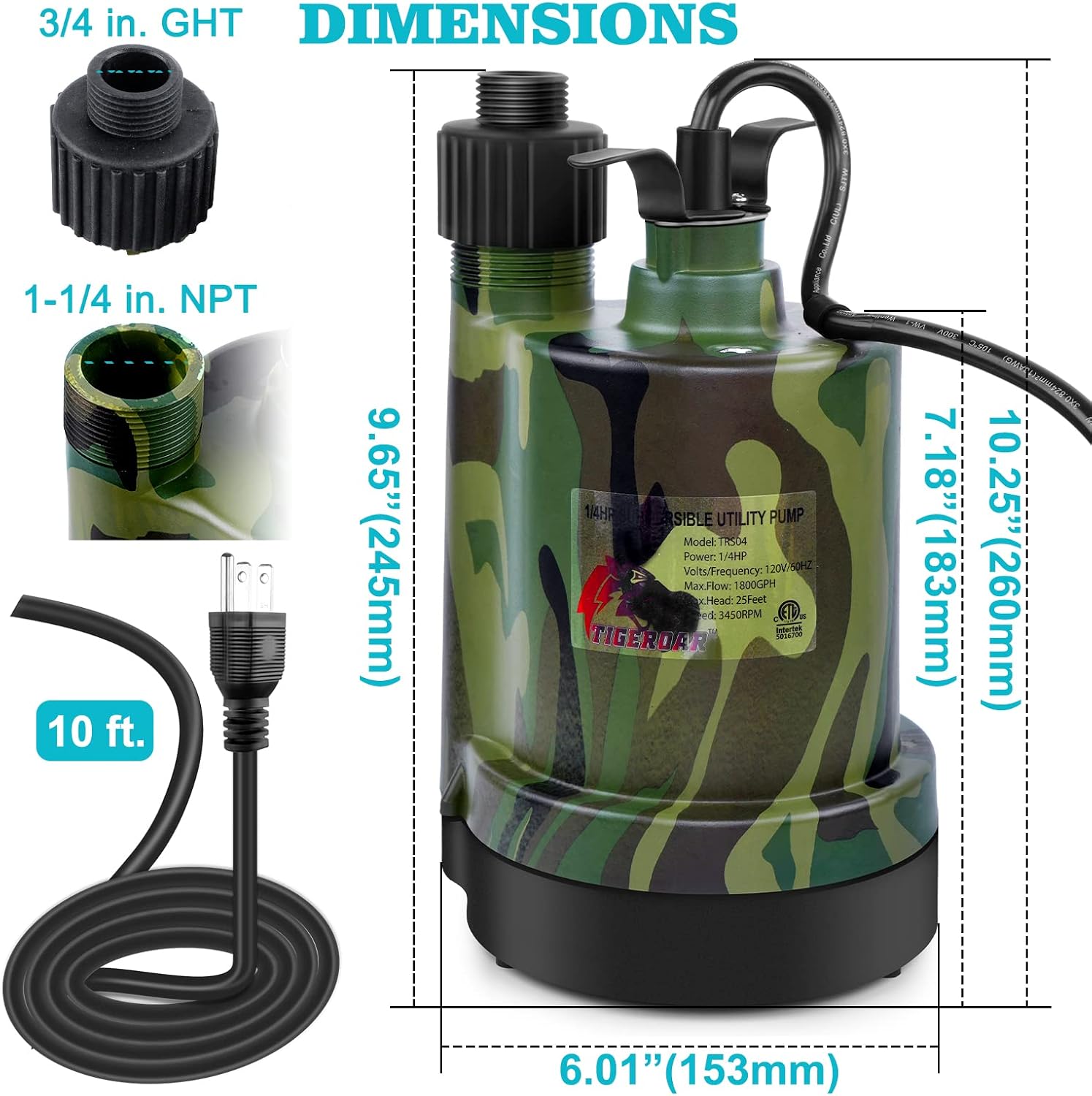 TIGEROAR 120V Submersible Pump 1/4 HP Water Transfer Pump 1800 GPH | Electric Pond Pool Pump Utility Pump with 10 ft. Cord Anticorrosive Plastic