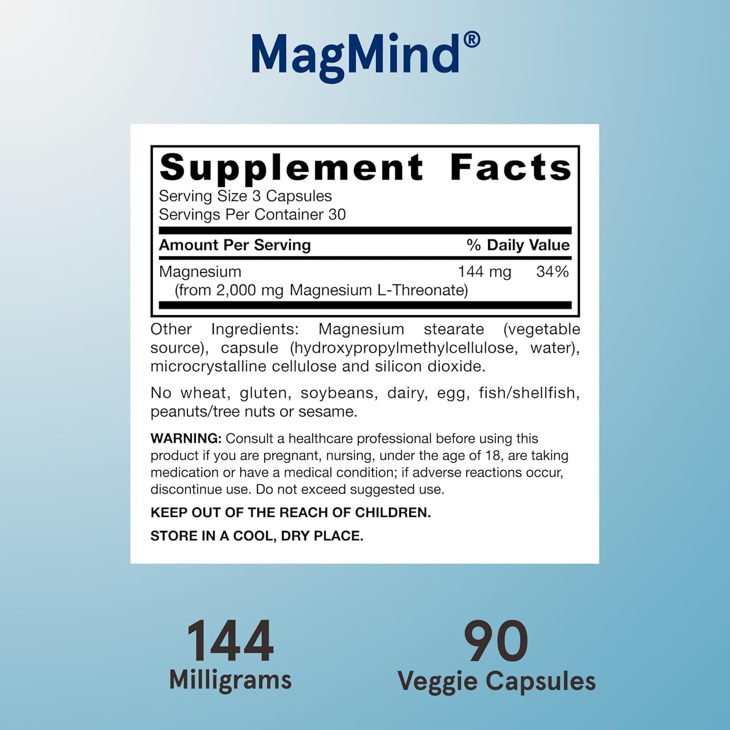 Jarrow MagMind Magtein Magnesium L-Threonate, 90 Capsules | Magnesium Supplement, Brain Supplements For Memory Support, Veggie Capsules, 30 Day Supply