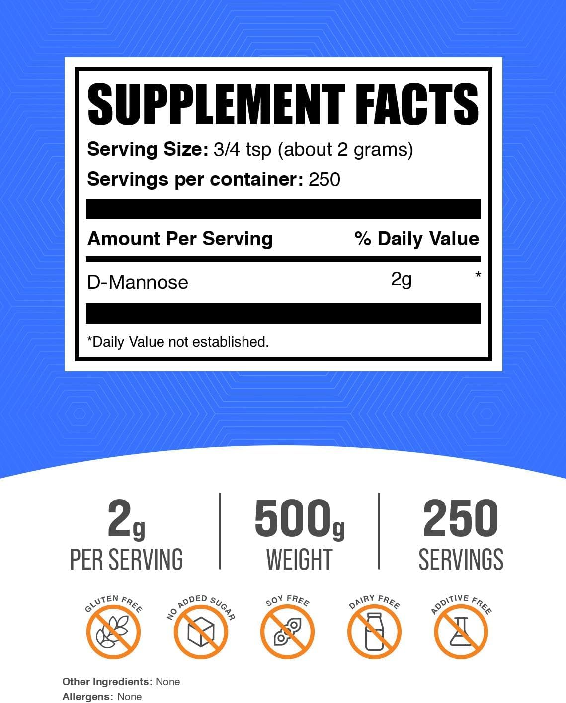 BulkSupplements.com D-Mannose Powder - D-Mannose Supplement, for Urinary Tract Health - Unflavored & Gluten Free, 2g per Serving, 500g (1.1 lbs) (Pack of 1)