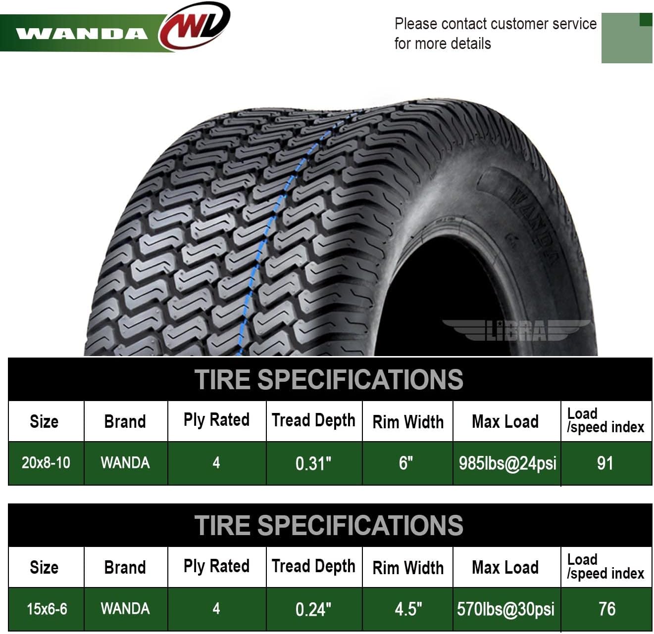 WANDA Set 4 Lawn Mower Turf Tires 16x6.5-8 & 23x10.5-12 /4PR -13019/13049 | Riding Lawn Mover, Garden Tractor