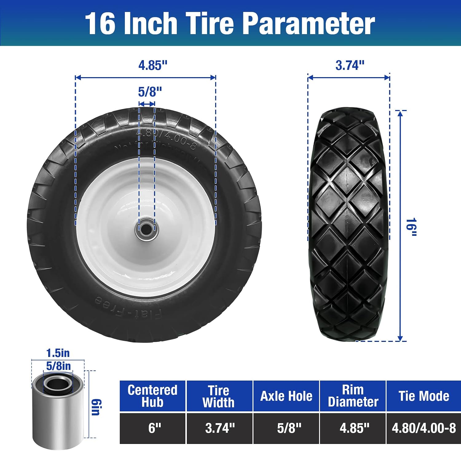 16" 4.80/4.00-8 Flat Free Solid Polyurethane Tire and Wheel with 2Pcs 3/4" Bearing, 1 Pack PU Airless Tires with 5/8" Ball Bearings 6" Iron Hub for Hand Truck/Tool Cart/Garden Carts, 1 Pc