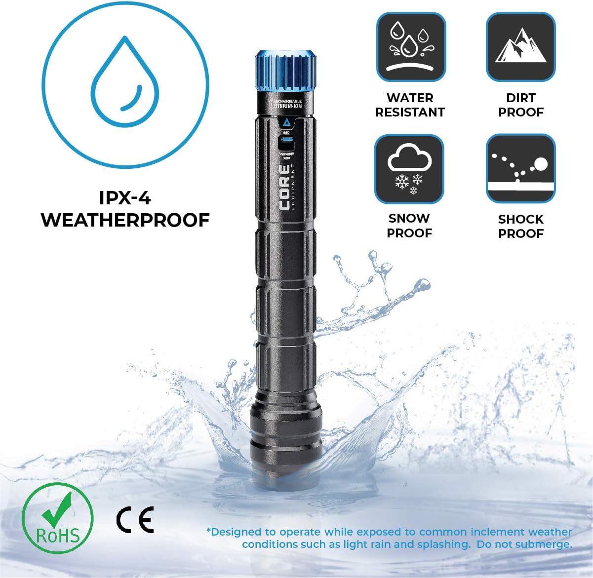 CORE 1500 Lumen CREE LED Rechargeable Camping Emergency Flashlight, Lithium Ion Batteries, Auto-dimming