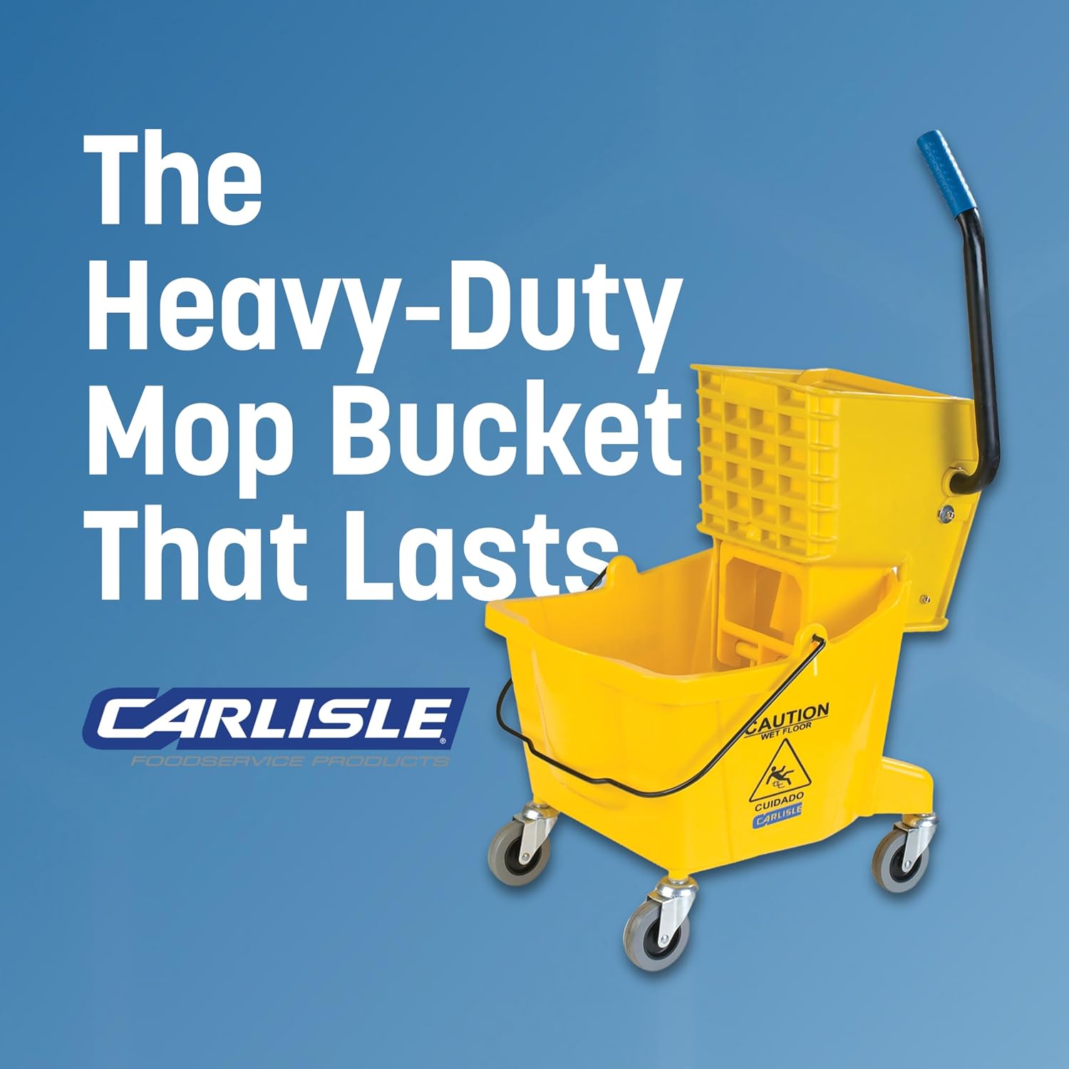 Carlisle FoodService Products 26 Qt Mop Bucket with Side Wringer, Yellow | 18.5 x 16.5 x 16.5 Inches, 34.25-Inch Handle Height, 50,000-Cycle Wringer, Non-Marking Casters, Assembly Required
