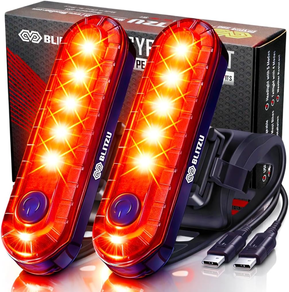 BLITZU Bike Tail Light, 2 Pack USB-C Rechargeable LED Bicycle Rear Lights | 120T, Bright LED, High Visibility Beam, 4 Modes, Easy Installation