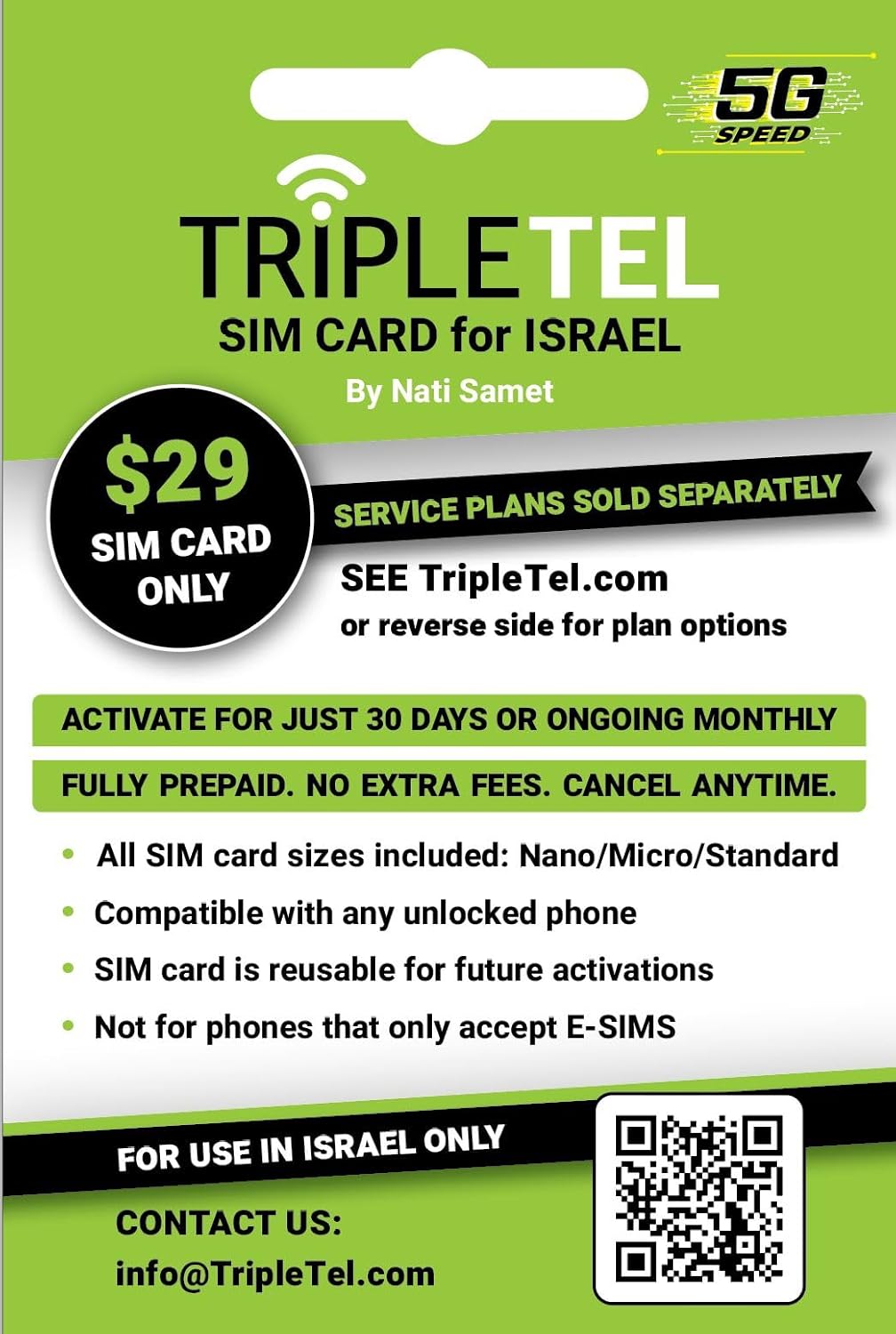 SIM Card for Israel, 5G Speed Purchase Monthly Plan Separately Online For 30-Days or Long Term Phone Must be Unlocked