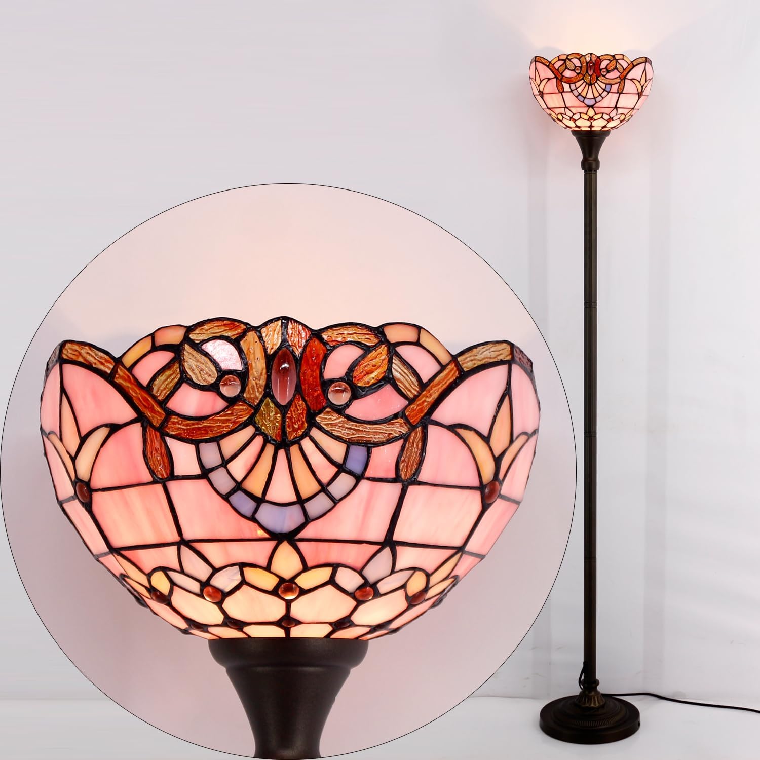 WERFACTORY Tiffany Floor Lamp Pink Baroque Stained Glass Torchiere Light | 12X12X71 Inches Pole Standing Corner Torch Uplight Decor Bedroom Living