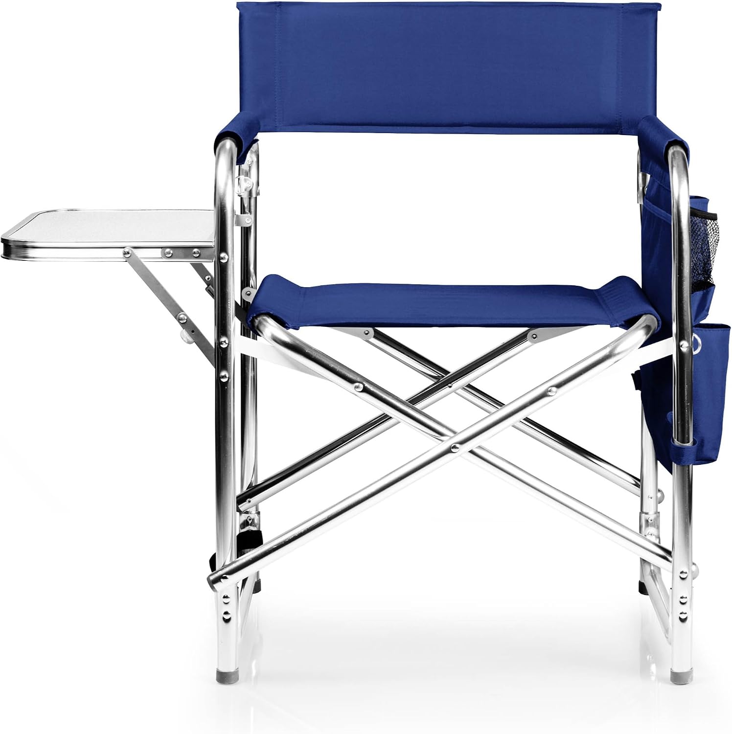 PICNIC TIME Sports Chair with Side Table and Armrest Caddy, Lightweight Aluminum Folding Outdoor Camping Chair for Adults, Portable Director Style Lawn Seating with Pockets & Carry Strap, (Navy Blue)