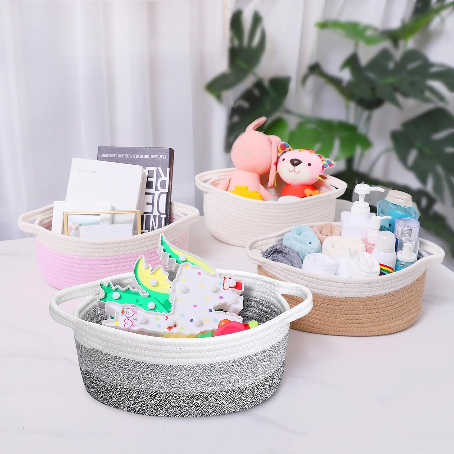 ABenkle Small Basket with Handles, Boho Decorative Rope Woven Dog Cat Toy Storage Bin Shelf Storage Organizer, Easter Christmas Gift Basket, 12"x8"x5"